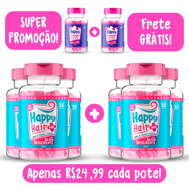 Happy Hair 3 Potes + 3 Potes Grátis + 2 Potes de Colágeno (Total 8 Potes) [Frete Grátis Hoje]